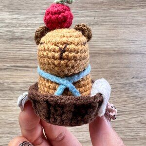 Handmade Amigurumi Crochet Apple-Topped Capybara in a Bath Plushie